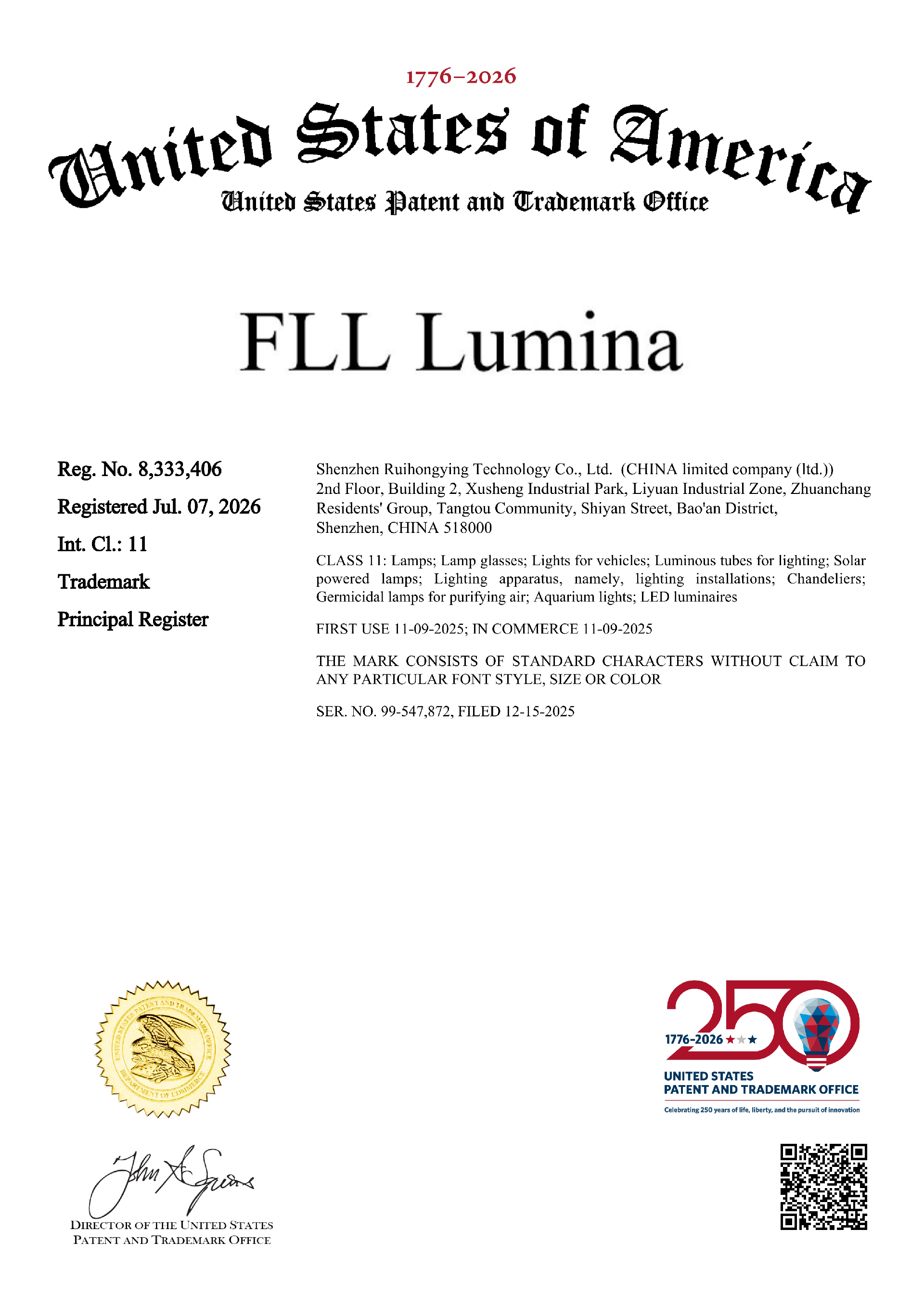 LUMINA® Trademark Registration Certificate (U.S.)