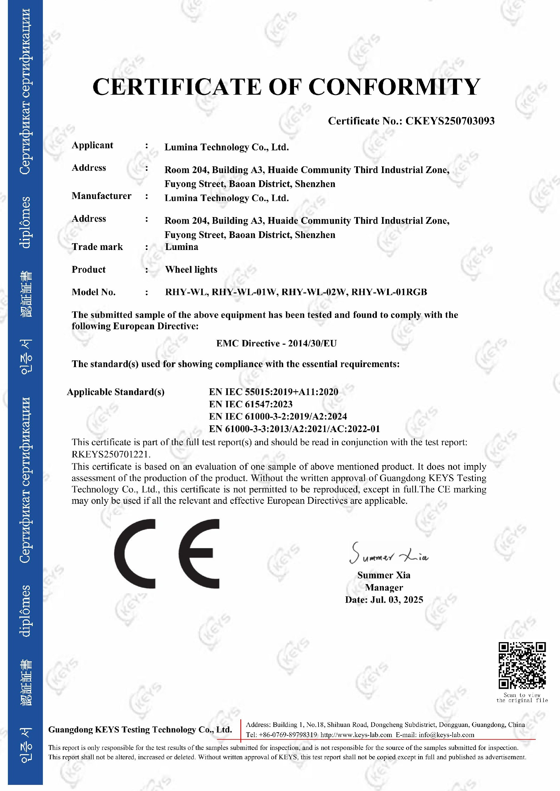 LED Wheel Lights Safety & Compliance Certification ( CE)